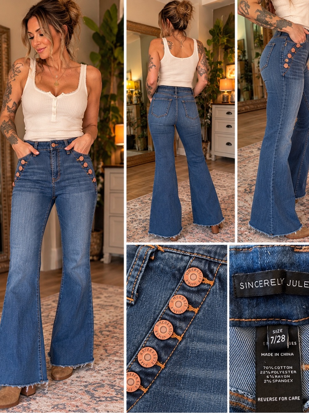 Sincerely Jules Size 7/28 High Rise Button Detail Flare Jeans Raw Hem